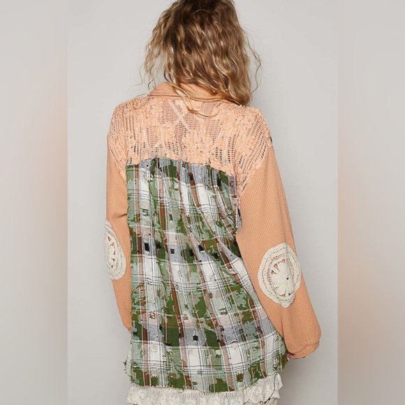 NWOT POL Multicolor Crochet Detailed Distressed Plaid Button Down Shacket - Picture 3 of 6